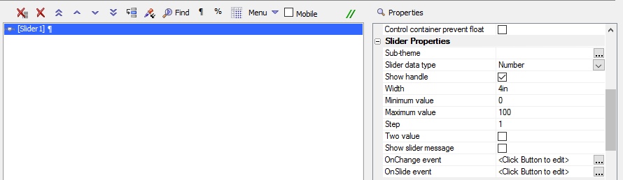 A slider control and the Slider Properties section.